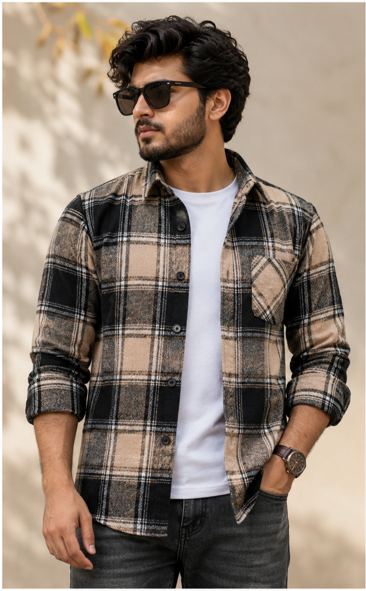 Men's Premium Checked Overshirt Jacket – Beige & Black