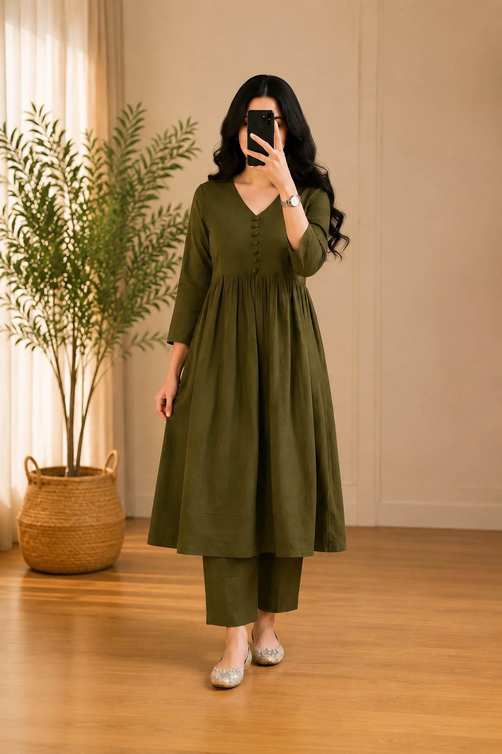 Olive Green V-Neck Flared Kurta with Palazzo Set