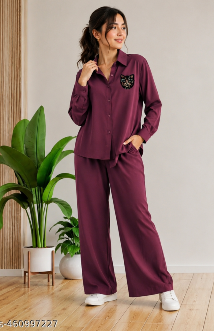 Women’s Wine Satin Shirt & Wide-Leg Pants Co-ord Set