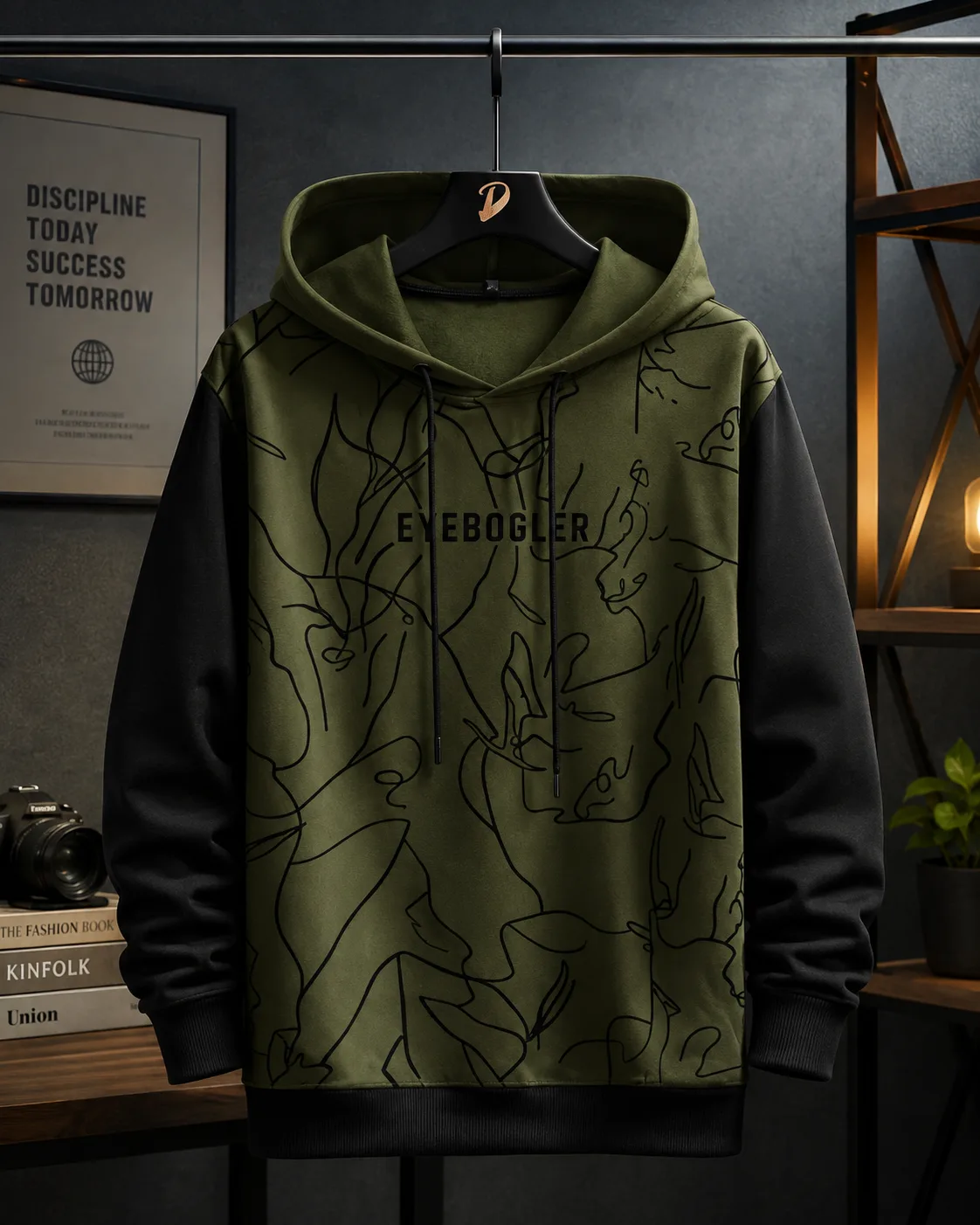 Men's Olive Green Printed Hoodie with Black Sleeves