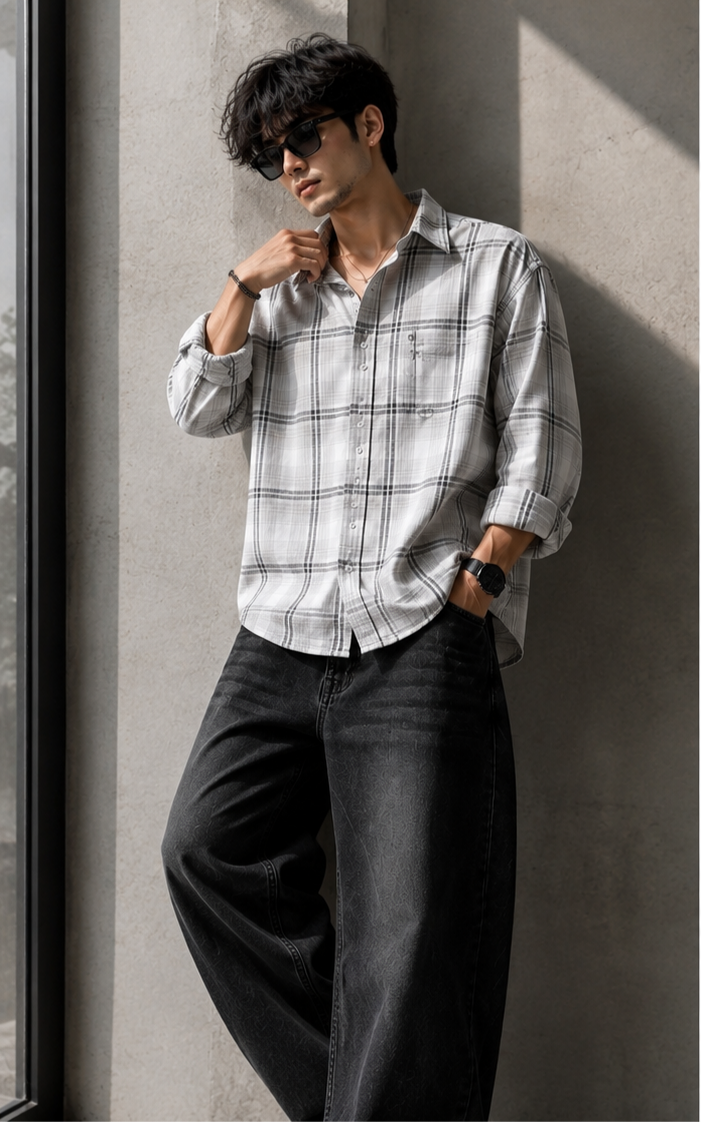 Product Name: Men's Grey & White Checked Casual Shirt