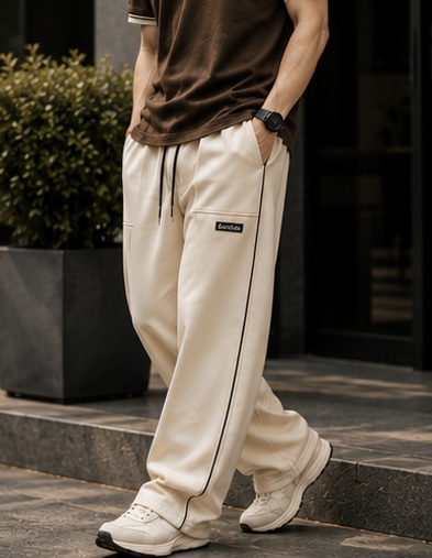 Men’s Relaxed-Fit Contrast Piping Trousers | Straight-Leg Track Pants with Drawstring Waist & Side Pockets