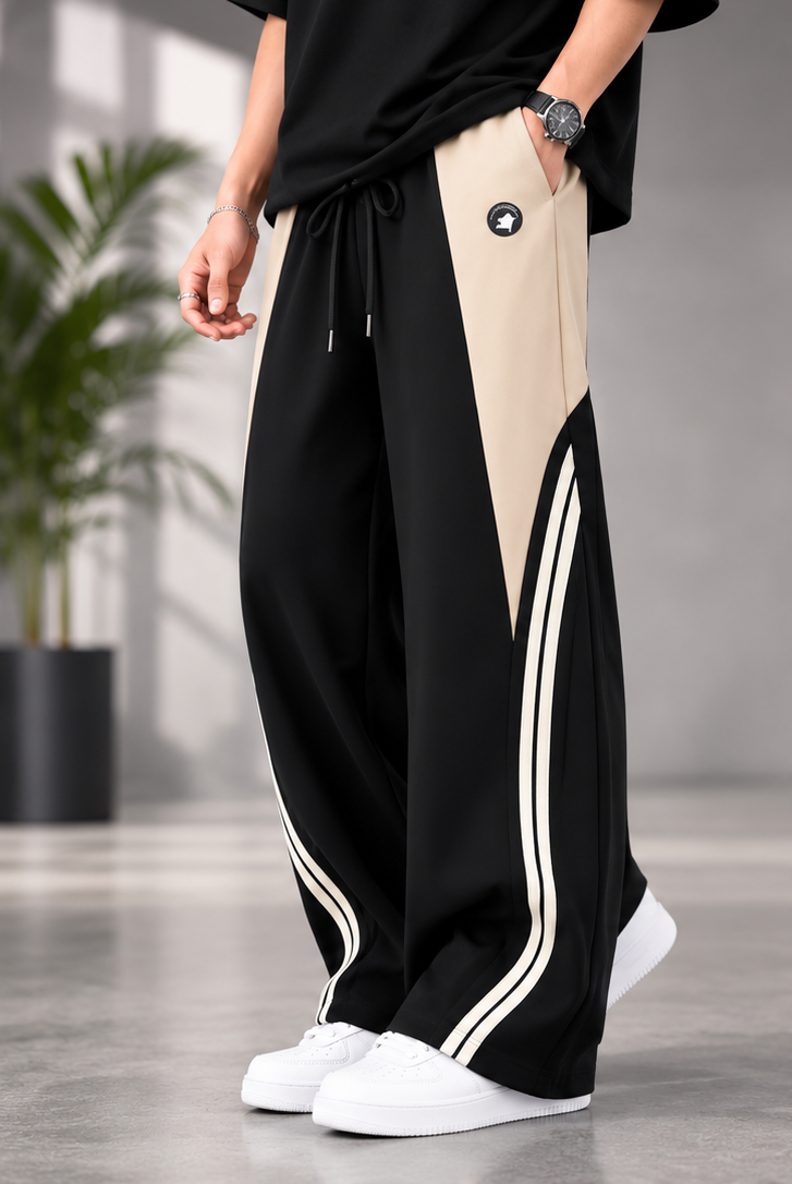 Black & Cream Contrast Wide-Leg Track Pants for Men