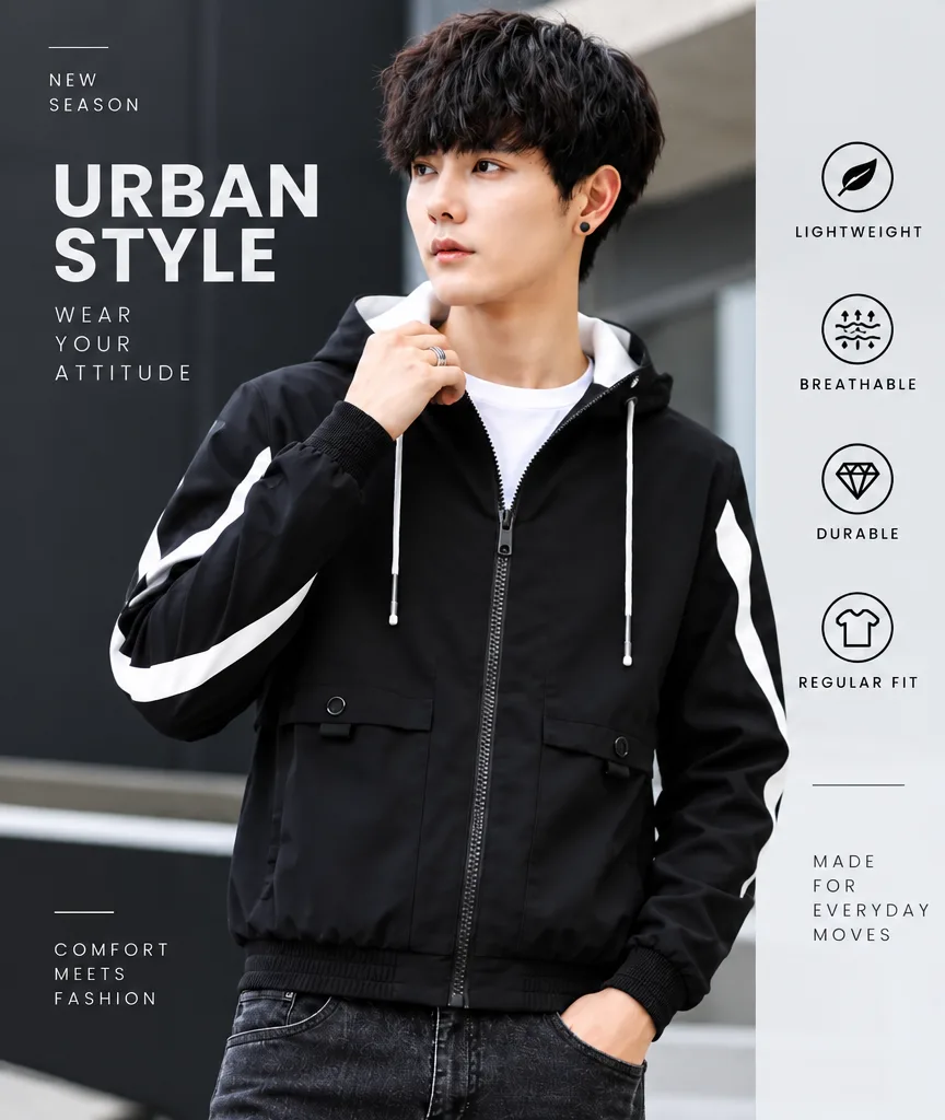 Men’s Black & Red Striped Hooded Windbreaker Jacket