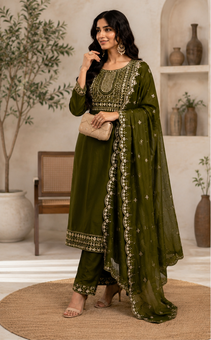Name: Olive Green/purple Embroidered 3-Piece Suit Set