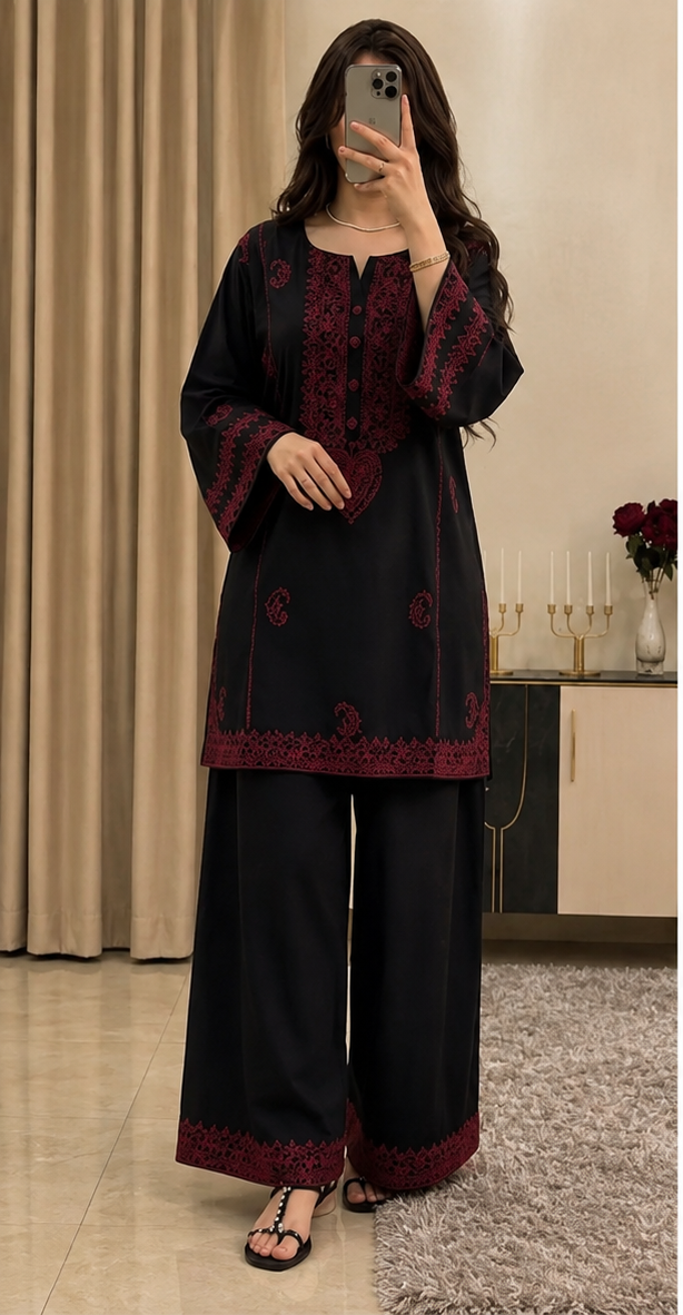 Black & Maroon Printed Kurta Palazzo Set