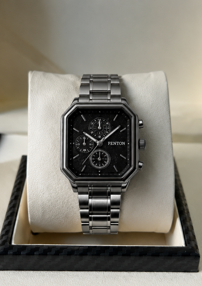 FENTON Men’s Luxury Black Octagonal Chronograph Watch