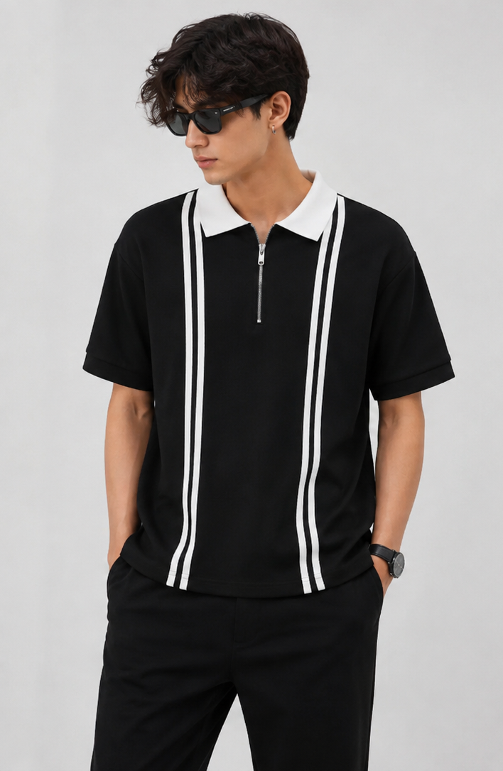 Men’s Sage Green and Black Striped Half-Zip Polo Shirt