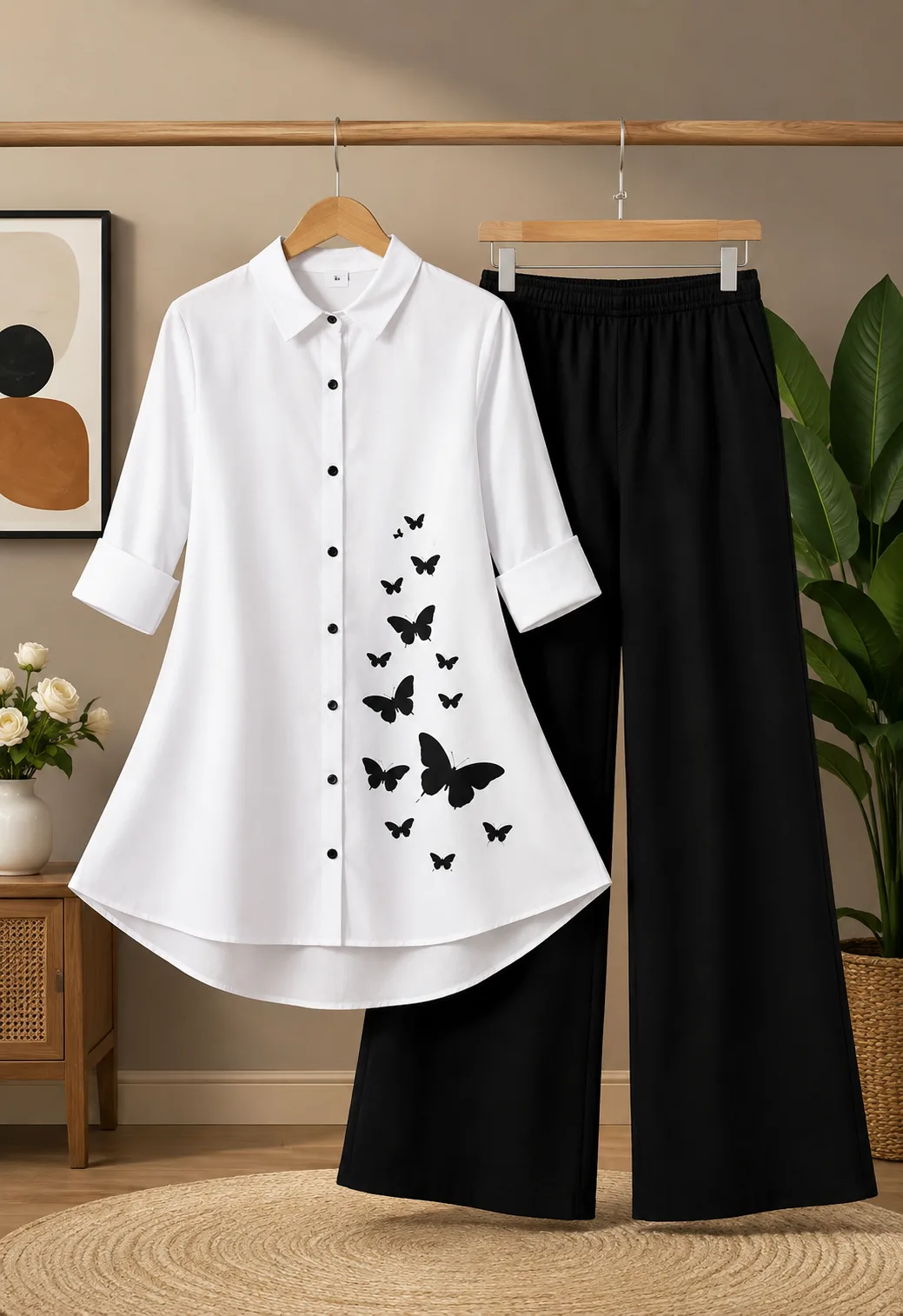 Women’s White Printed Tunic & Black Wide-Leg Pants Set