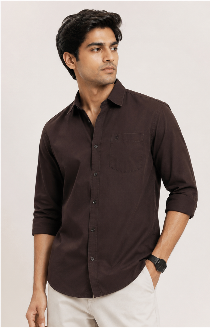 Men’s Dark Brown Solid Regular Fit Shirt