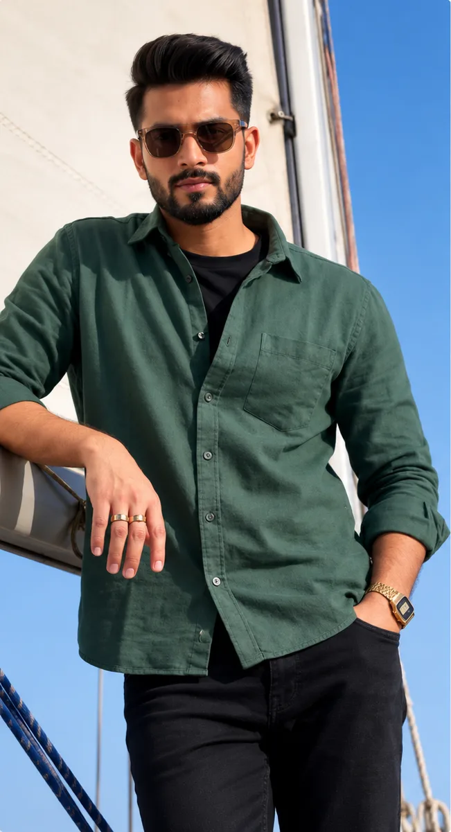 Men's Solid Dark Green Casual Overshirt