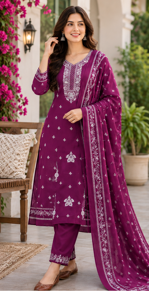 Magenta Rayon Embroidered Straight Kurta Pant Set with Dupatta